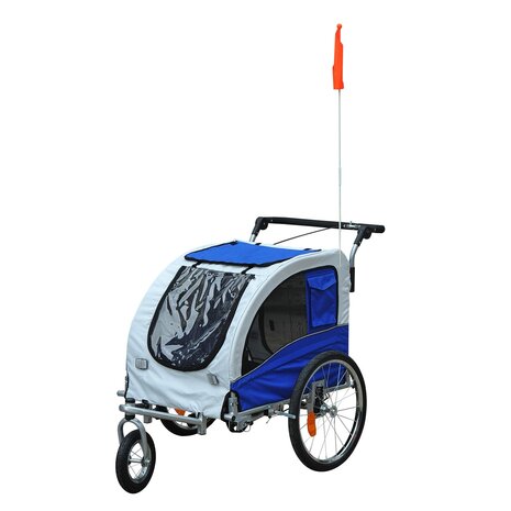 Hondenfietskar - Fietskar -Hondenaanhanger - Buggyfunctie -Geveerd en geremd - Wit/Blauw - 130 x 90 x 110