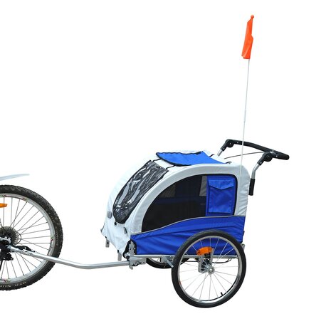 Hondenfietskar - Fietskar -Hondenaanhanger - Buggyfunctie -Geveerd en geremd - Wit/Blauw - 130 x 90 x 110