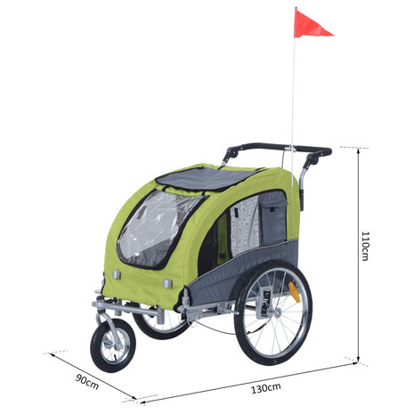 Hondenfietskar - Fietskar -Hondenaanhanger - Buggyfunctie -Geveerd en geremd - Groen/Grijs - 130 x 90 x 110