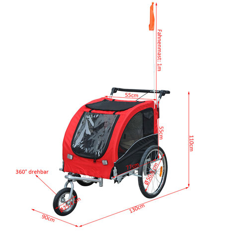 Hondenfietskar - Fietskar -Hondenaanhanger - Buggyfunctie -Geveerd en geremd - Rood/Zwart - 130 x 90 x 110