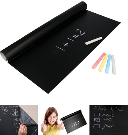 Folie XL - Zelfklevend met 5 krijtjes - Krijtbord Sticker Kinderen - - - Schoolbord Folie - Memobord Folie - 200 x 45 CM -Zwart - NiceGoodz