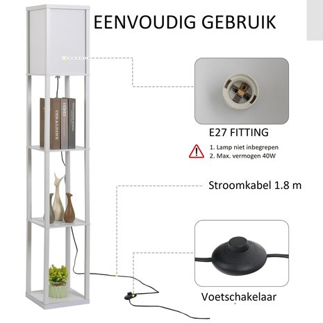 Vloerlamp - Staande lamp - Stalamp - Met opbergruimte - 26L x 26B x 160H cm - Wit