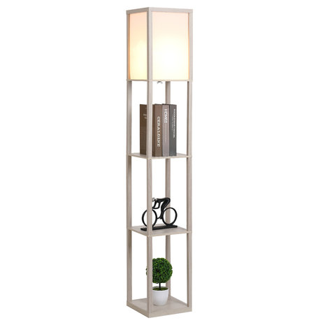 Vloerlamp - Staande lamp - Stalamp - Met opbergruimte - 26L x 26B x 160H cm - Wit/Eiken