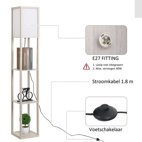 Vloerlamp - Staande lamp - Stalamp - Met opbergruimte - 26L x 26B x 160H cm - Wit/Eiken