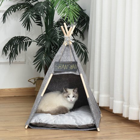 Huisdierentent met zacht kussen - Kattenhuis - Katten - Honden - Kattenspeeltjes - Kattenmand - Grijs - 58L x 58W x 80H cm