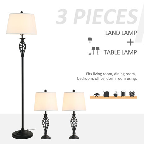 Gebruikelijk ding Authenticatie Driedelige set van 1 staande lamp en 2 tafellampen - Vloerlamp - Stalamp -  tafellamp - Vintage - Klassiek - Zwart/wit - NiceGoodz