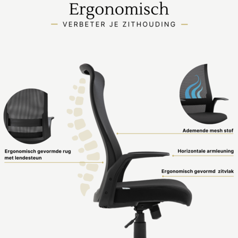 NiceGoodz - Ergonomische bureaustoel - Ademende mesh rugleuning - Geintegreerde lendesteun - Zwart