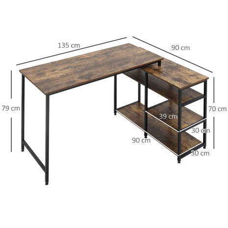 Hoekbureau - bureau pc - boekenkast - boekenrek -  zwart/ bruin -  135 cm x 90 cm x 79 cm