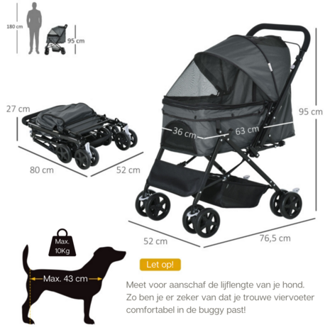 Zenzee - Hondenbuggy - Opvouwbaar - Parkeerrem - Opbergruimte - Grijs