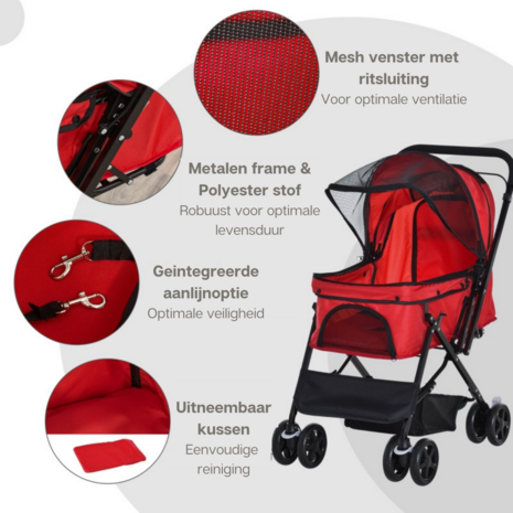 Zenzee - Hondenbuggy - Opvouwbaar - Parkeerrem - Opbergruimte - Rood