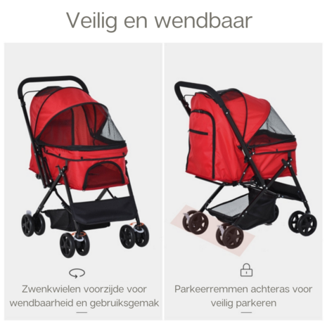 Zenzee - Hondenbuggy - Opvouwbaar - Parkeerrem - Opbergruimte - Rood