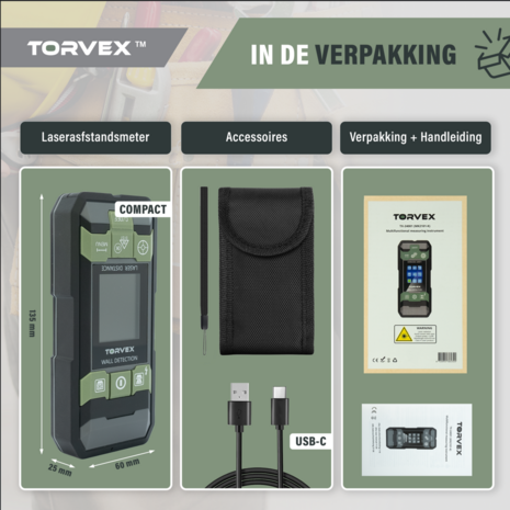 Torvex multidfunctioneel meetgereedschap met laserafstandsmeter, leidingzoeker, kruislijnlaser en digitale waterpas